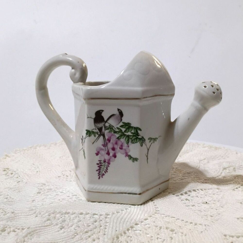 Vintage ceramic watering can that is a vase Floral and Bird Motif